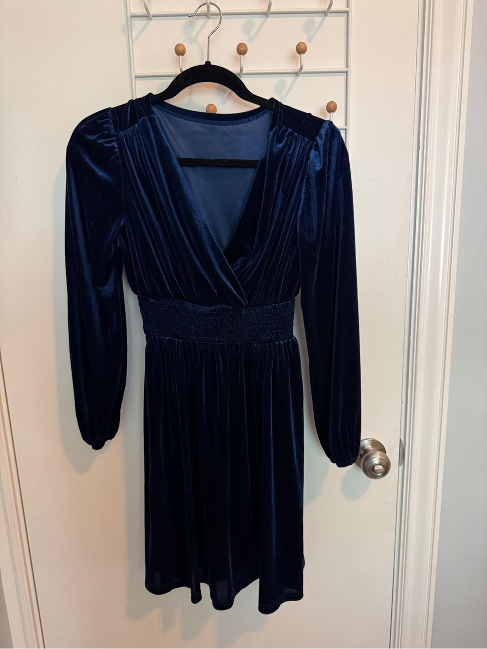 Navy Velvet Long-Sleeve Wrap Dress